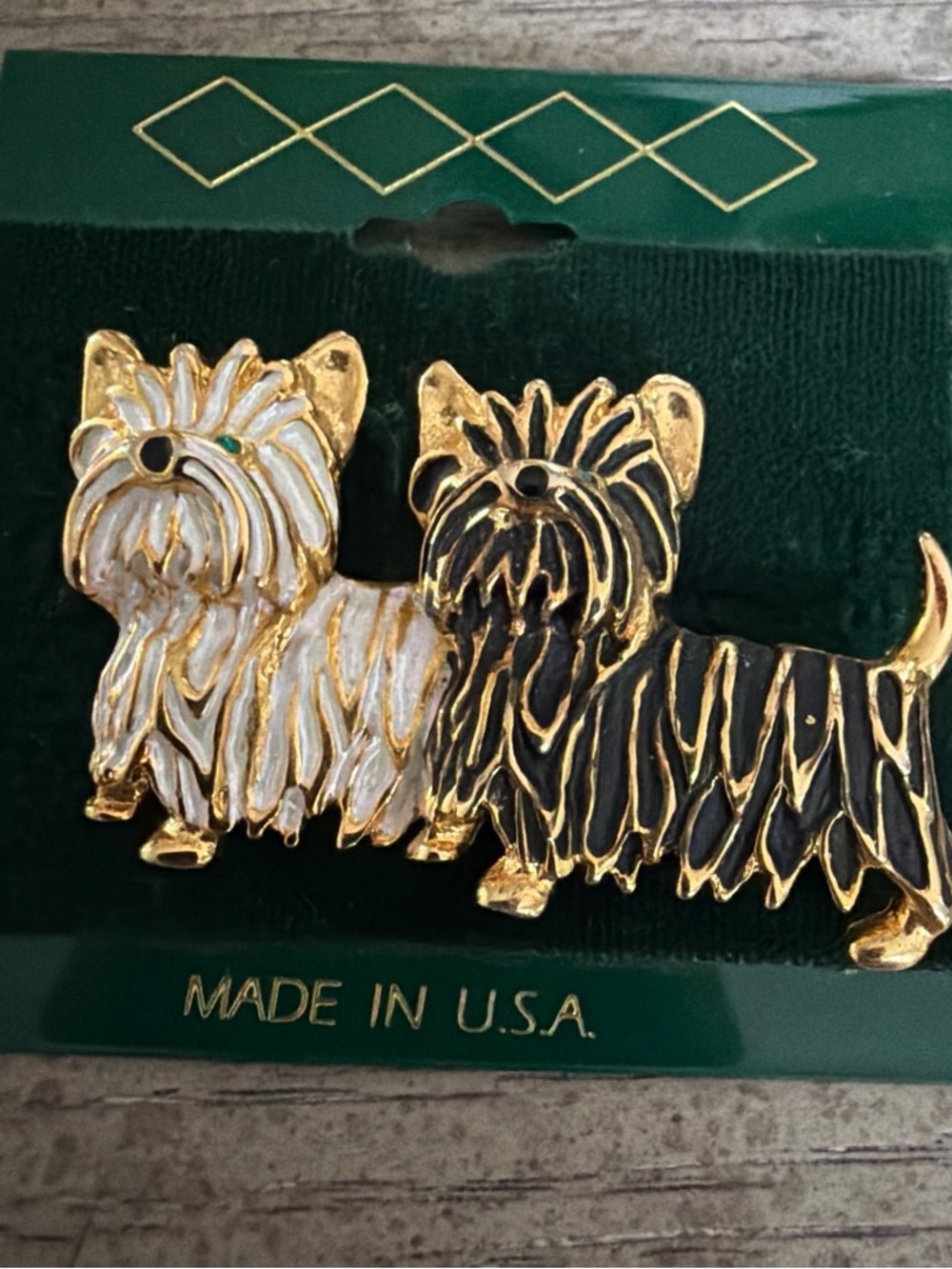 Gold-Tone Double Yorkshire Terrier Brooch - Black & White Enamel
